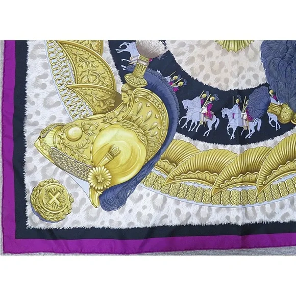Hermes Purple and Gold Silk Scarf